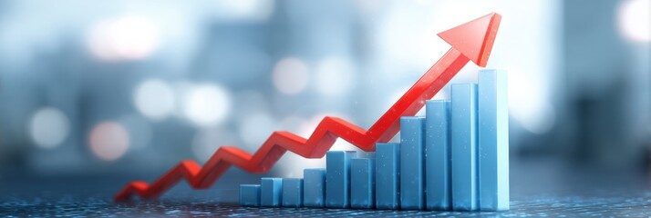 Aufkleber - Growth Business Graph Shows Upward Trend in Financial Success With Red Arrow Indicating Market Profit on Blue Bars