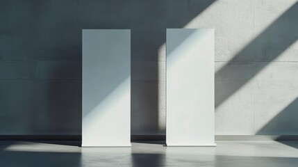 Wall Mural - two blank white retractable banners stand in a modern, minimalist interior with sunlight casting sha