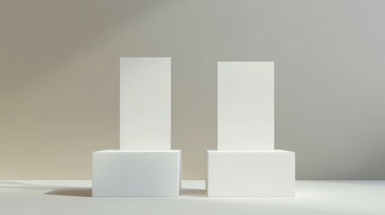 Wall Mural - two blank vertical cards on white cubes against a neutral background.