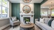 © JIALU - Modern farmhouse living room with green wall, white fireplace, large mirror, grey armchair, light grey sofa and wooden chandelier