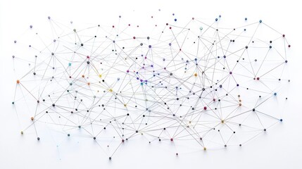Wall Mural - abstract network visualization with colorful nodes and thin lines interconnected on white background