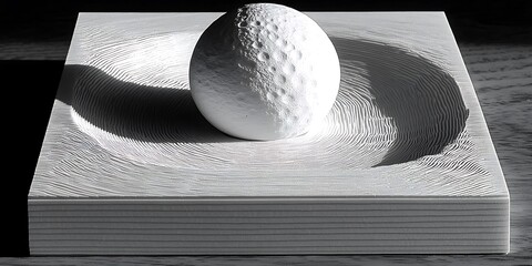 Lunar surface sphere on textured plateau, geometric monochrome abstract