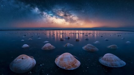 Wall Mural - calm night scene with milky way galaxy reflected in water among numerous seashells.