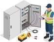 © LM - Electrical technician fixing a PLC control cabinet in a smart factory, isometric isolated cartoon