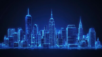 Wall Mural - futuristic wireframe cityscape at night, glowing blue lines depict buildings.