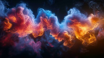 Wall Mural - Abstract swirling red, blue, and orange smoke on black background.