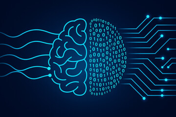 AI generated abstract brain divided into artistic left side and binary code right side symbolizing fusion of human creativity and artificial intelligence with neural circuits and data flow