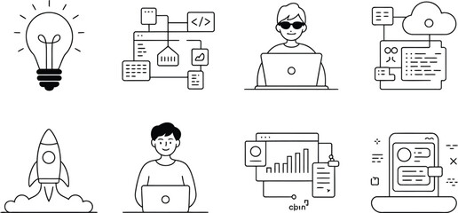 Collection of modern outline icon set featuring business technology and startup concepts