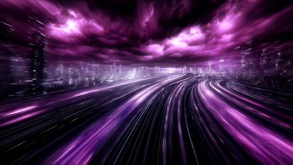 Wall Mural - Speed Light Trails in Futuristic City with Dramatic Sky, seamless looping video background