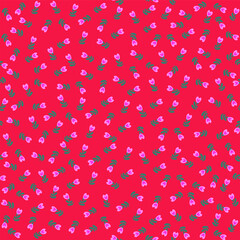 Wall Mural - motley seamless floral ditzy pattern with pink heart-shaped buds on a bright red background. folk st