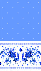 Wall Mural - seamless horizontal border in gzhel style with blue fabulous peacock, leaves, berries, flowers on wh