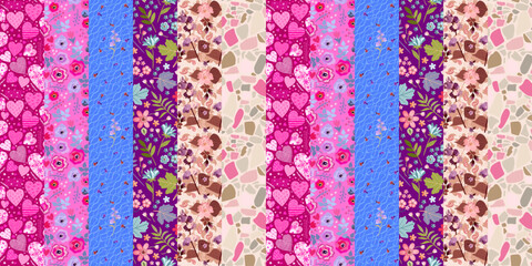 Wall Mural - Seamless patchwork pattern of ornamental vertical stripes. Beautiful print for fabric with flowers, hearts, terrazzo in boho style.