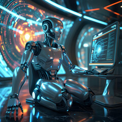 advanced robot working on futuristic computer system