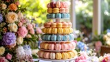Pastel Macaron Tower with Floral Decorations