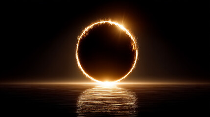 Wall Mural - Glowing ring of fire reflecting on water, abstract background, fantasy, portal concept