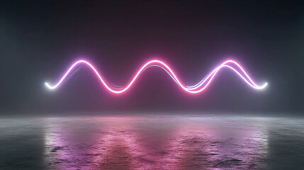 Wall Mural - Abstract neon wave shape design with reflection on the floor in a dark environment