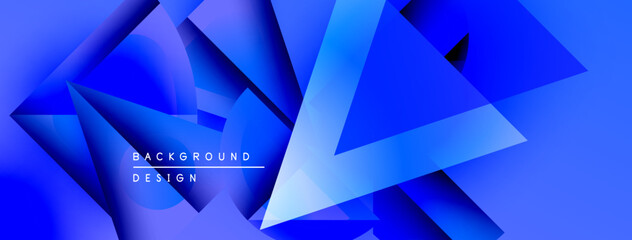 Fototapete - Abstract blue design features overlapping geometric shapes. Gradient colors create depth, modern aesthetic. Background includes text elements.
