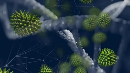 Wall Mural - double helix entering view causing green viral spheres drifting around network for health research