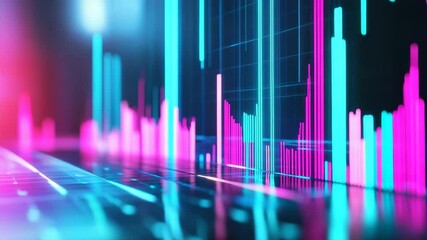 Wall Mural - neon blue and pink digital bar graph with glowing futuristic data visualization and dynamic technolo