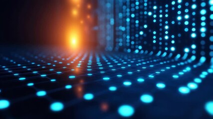 Wall Mural - digital blue light dots glowing on futuristic grid pattern with warm orange light, creating abstract