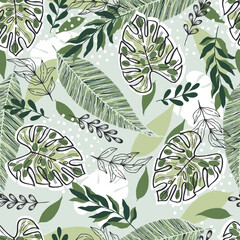 Wall Mural - green pattern with tropical leaves and abstract strokes. ideal for wallpaper, surface textures, text