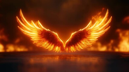 Wall Mural - Fiery glowing wings spread wide with intense orange flames, creating powerful burning energy and light, evoking heat, flame, and power against dark smoky background