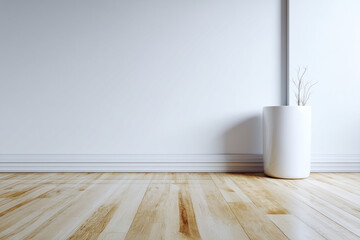 Poster - Minimalist interior with luxury wood flooring, plain white wall, and modern white vase for calm, serene atmosphere