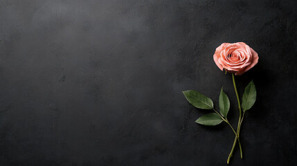 Poster - Single pink rose with green leaves lies on dark textured background, creating striking contrast. simplicity and elegance of composition evoke sense of calm and beauty