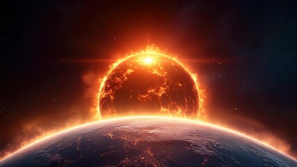 Wall Mural - Fiery sun glowing intensely behind planet with glowing edges in space, creating dramatic cosmic scene full of vibrant energy, bright solar flares, and starry galaxy in universe of astronomy