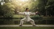 © Vyatcheslav - Young woman practicing Tai Chi in a serene park by the water
