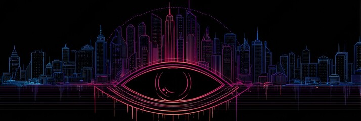 Poster - Futuristic Cityscape Shaped Like an Eye With Neon Outlines Against a Dark Backdrop at Dusk