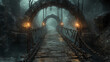 © Thanthara - mysterious bridge with chains crosses foggy, dark landscape, illuminated by lanterns