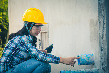 Wall Mural - Female engineer ensuring safety standards during housing project site visit.