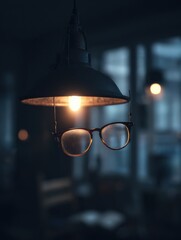 Leinwandbilder - Glasses Suspended From Reading Light Creating an Intimate Evening Atmosphere in a Cozy Space