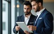 © happy - Focused businesspeople with tablet discussing report at corporate office. High quality