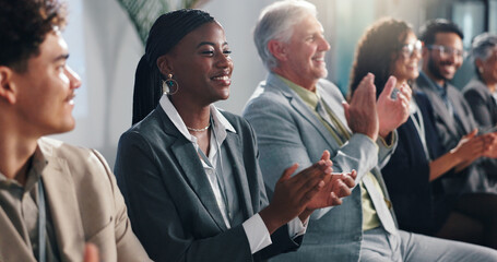 Poster - Conference, happy business people and applause for success, well done and thank you. Seminar, group and clapping for presentation, praise and public speaking with celebration for goal achievement