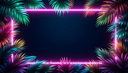 Wall Mural - tropical neon frames with glowing palm leaves and cyber floral accents