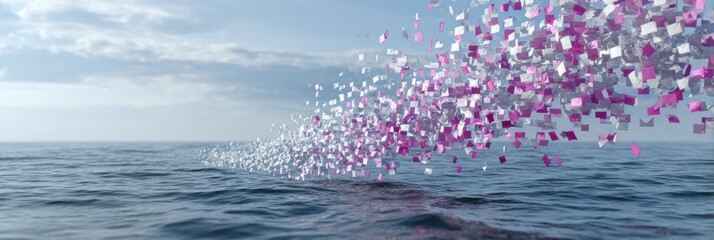 Fototapete - Digital Data River Flows With Phishing Content on the Left Side, Revealing a Vast Oceanic Landscape Under a Cloudy Sky