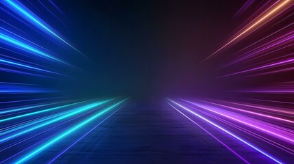 Wall Mural - the image contains streaks of vibrant neon light, in shades of blue and purple, converging towards a