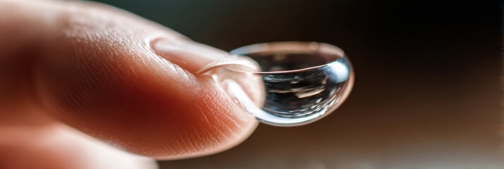 Poster - Transparent Lens Floats Delicately Above Fingertip Showcasing Optical Innovation in Close-Up Detail