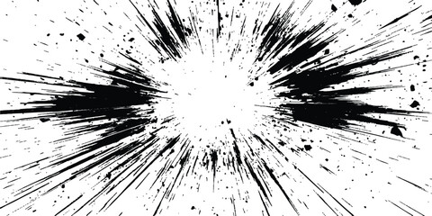 Poster - Abstract explosion, radial burst of ink splatter effect. isolated on white background. Black ink splatter creates abstract background with dynamic energy.