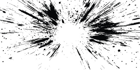 Poster - Abstract explosion, radial burst of ink splatter effect. isolated on white background. Black ink splatter creates abstract background with dynamic energy.