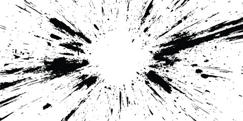 Poster - Abstract explosion, radial burst of ink splatter effect. isolated on white background. Black ink splatter creates abstract background with dynamic energy.