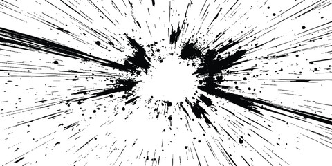 Poster - Abstract explosion, radial burst of ink splatter effect. isolated on white background. Black ink splatter creates abstract background with dynamic energy.