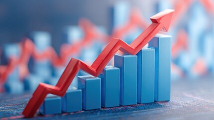 Aufkleber - 3D Growth Business Graph With Rising Red Arrow Representing Financial Success in Market Profit and Stock Statistics
