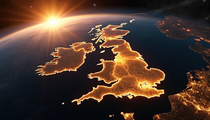 Wall Mural - illustration of britain from space at night. city lights illuminate landscape, borders, coastlines. 