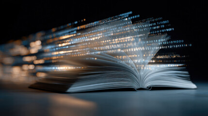 Conceptual image of open textbook with pages turning into binary code and light trails, representing fusion of knowledge and artificial intelligence