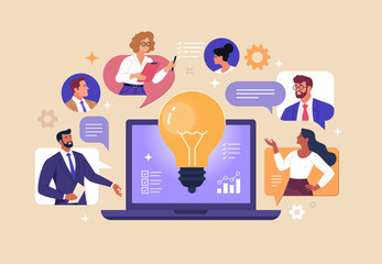 Fototapete - Online Business Concept. Vector cartoon illustration of a group of diverse people discussing an idea on a laptop monitor via video link. Isolated on background.