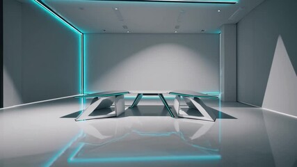 Poster - Futuristic minimalist meeting room with sleek white table, blue neon lights, geometric design, modern interior, and glossy floor