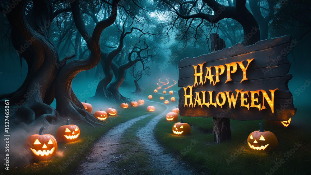 Spooky Halloween Forest with Glowing Pumpkins Stock Illustration ...